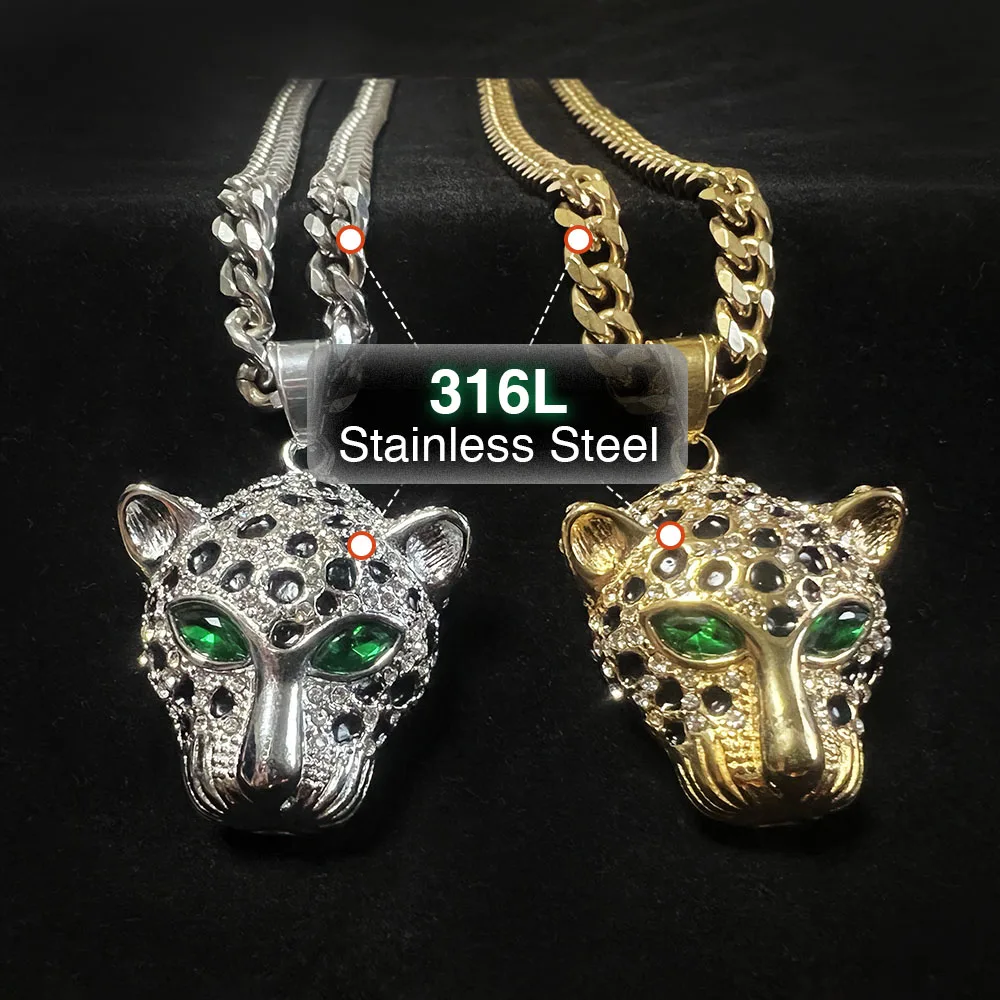 ULJ Iced Out Green Eyed Zirconia Leopard Stainless Steel Head Pendant Jewelry Gold Silver Color For Man Woman Hip Hop Necklace