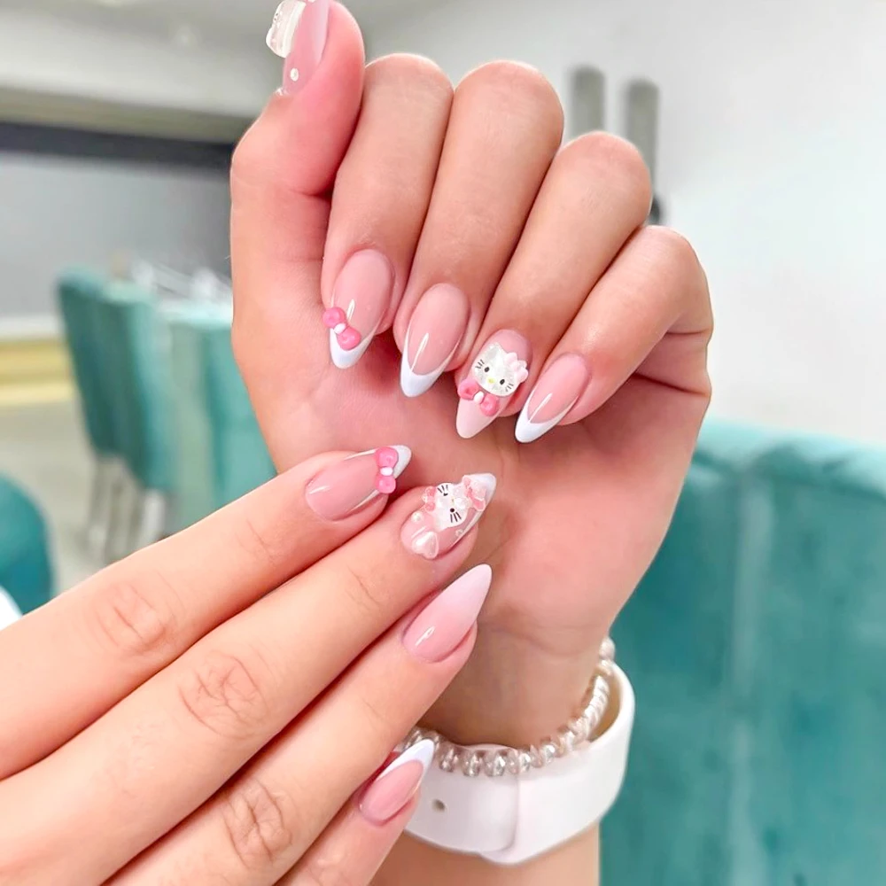 24 шт. розовый миндаль Hello Kitty Press on Nails Lovely Cartoon Kitty Head Bow Fake Nail Tips Y2k накладные ногти патчи для девочек подарок