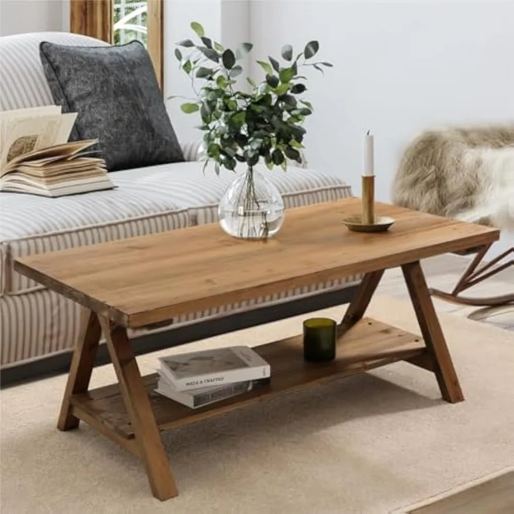 Solid Wood Coffee Table - 42.5 Firwood Farmhouse Rustic Wooden Coffee Tables for Living Room