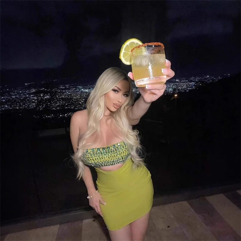 Vestido ceñido al cuerpo para mujer, vestido Sexy de lujo sin tirantes con diamantes brillantes recortados, traje elegante para fiesta de noche y cumpleaños