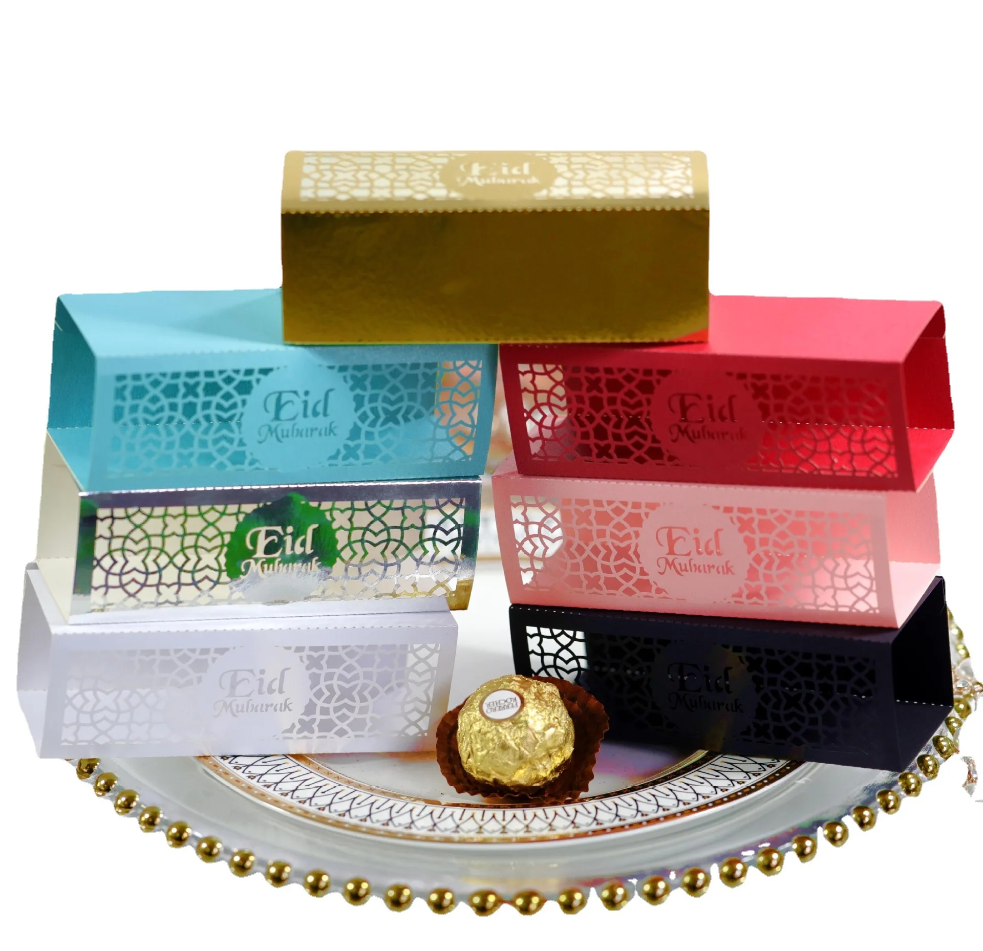 

100pcs Eid Mubarak Candy Box Set Marble Paper Gift Bag Box Muslim Islamic Ramadan Decorations for Home Aid Mubarak Party Supplie