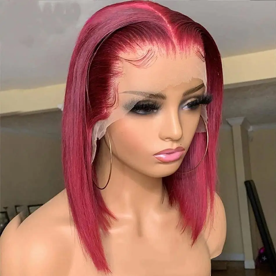 200% 13x6 Borgonha HD Transparente Curto Bob Perucas de Cabelo Humano Cor 99J Osso Vermelho Straight Lace Front Wig Para As Mulheres Pré Arrastadas