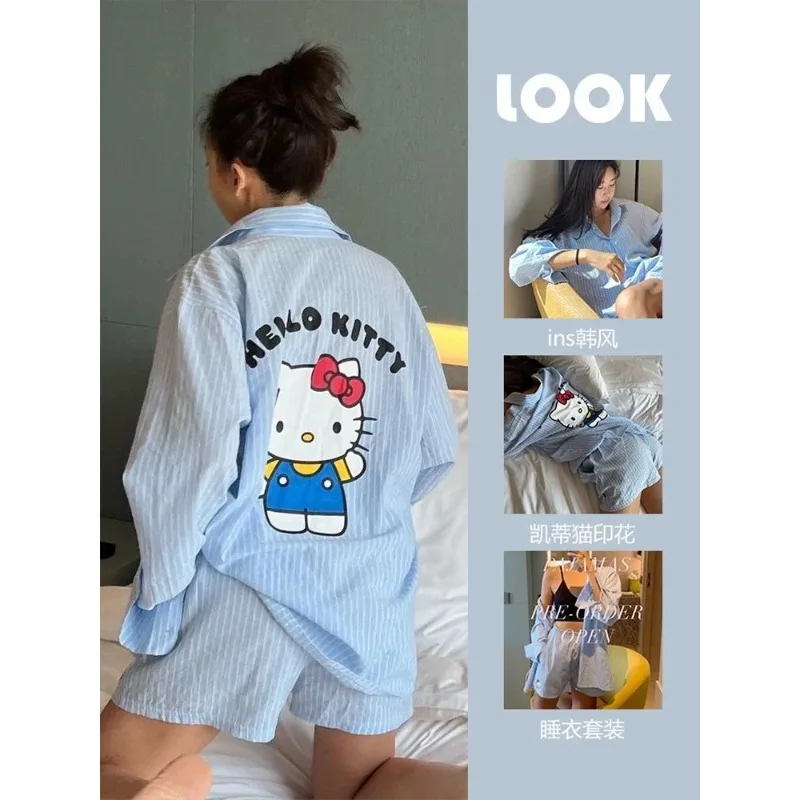 Sanrio Hello Kittys Nuovo Pigiama Estivo Simpatico Cartone Animato Stampato A Righe Allentato Retro Casual Casa Pantaloncini Spiaggia Kawaii Y2k Regalo di Festa