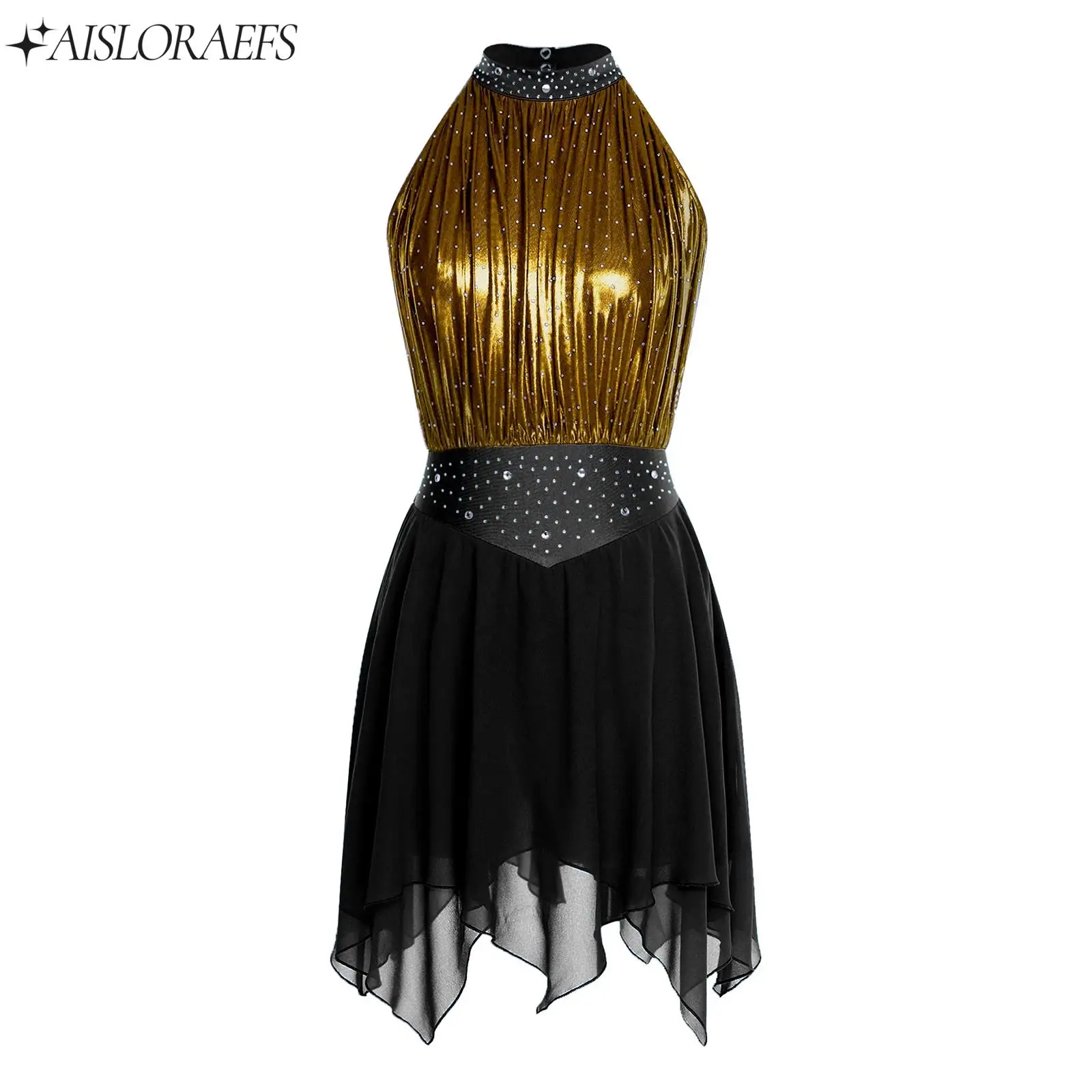 

Womens Modern Lyrical Dance Dress Shiny Rhinestone Sheer Mesh Leotard Dancewear for Ballet Figure Skating Performance Prom Party