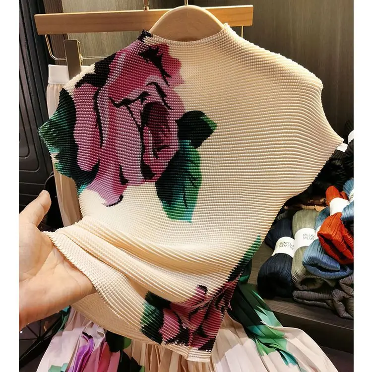 Half High Collar Top Printed Pleated T-shirts Korean Tees Spring Crop   Skirt Two Piece Sets Womens Outifits