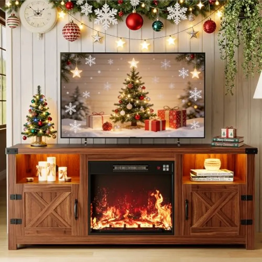 

YESHOMY LED Fireplace TV Stand with Mood Lighting TV Cabinet with Open Shelf Farmhouse Media Console with Hidden Cable Routing
