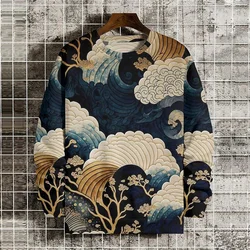 Japanese Ukiyo-e Pattern Sweatshirts For Men Sea Wave Ramen 3D Printed Pullover Autumn Oversized O-Neck Hoodies Long Sleeves