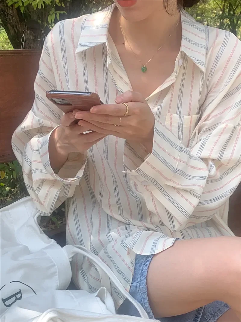 2025 New Spring Vintage Striped Women's Blouses Single Breasted Long Sleeve One Pocket Casual Loose Korean Shirts Female