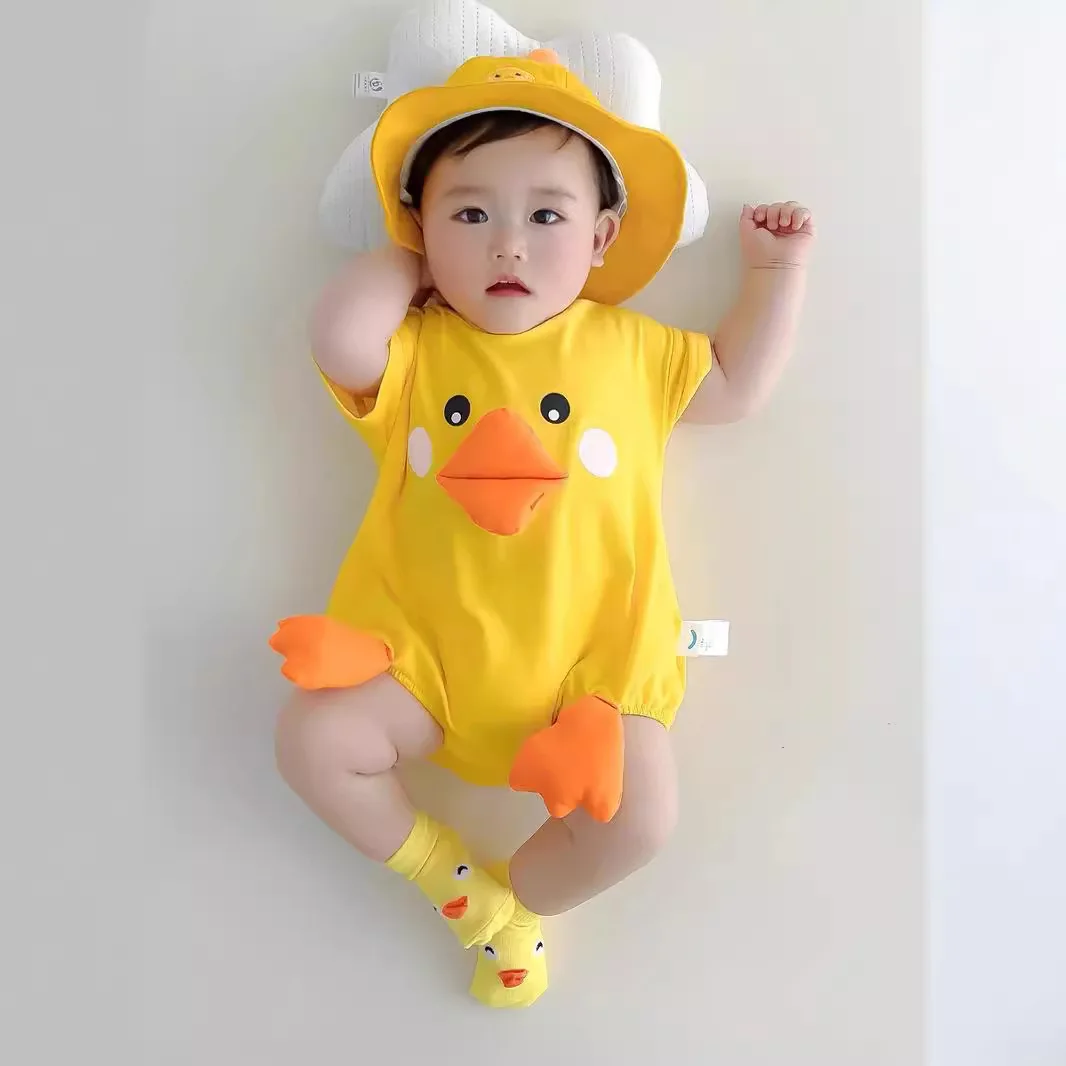 Babykleidung, bezaubernder 3D-Enten-Strampler für Mädchen und Jungen, Sommer, leichter Overall aus 100 % Baumwolle mit Hut und Socken, Rollenspiel-Kostüm