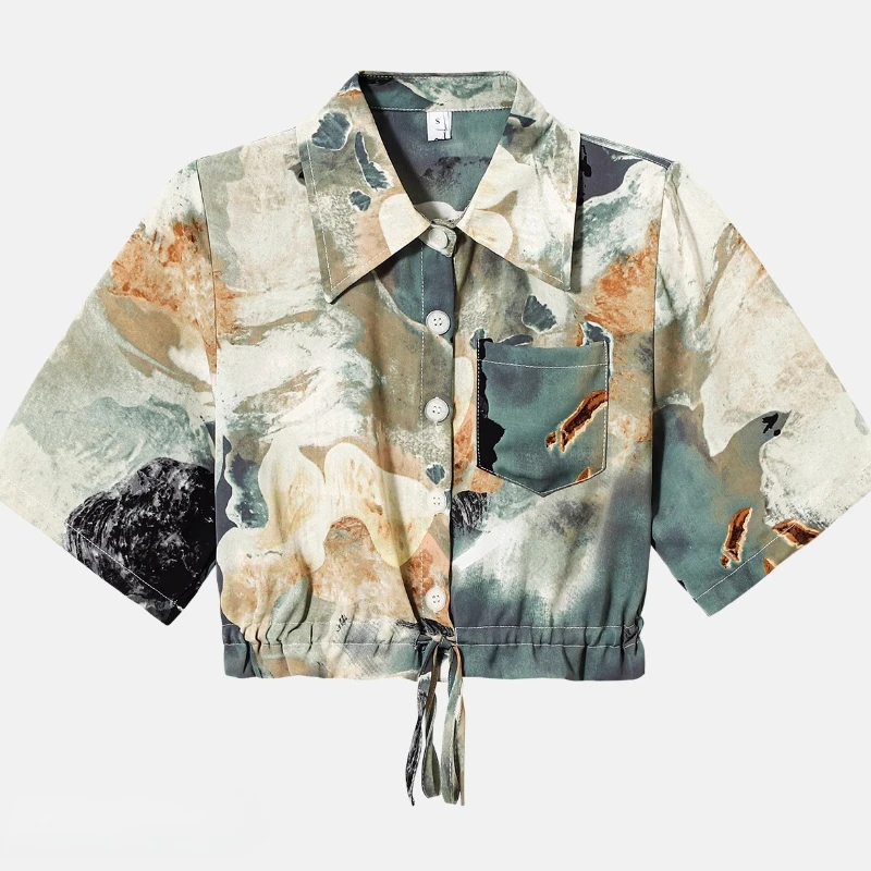 

Fashion Vintage Blouses Tie Dye Pockets Draw String Crop Tops Turn Down Collar Shirts 2025 Summer New All Match Women's Clothing
