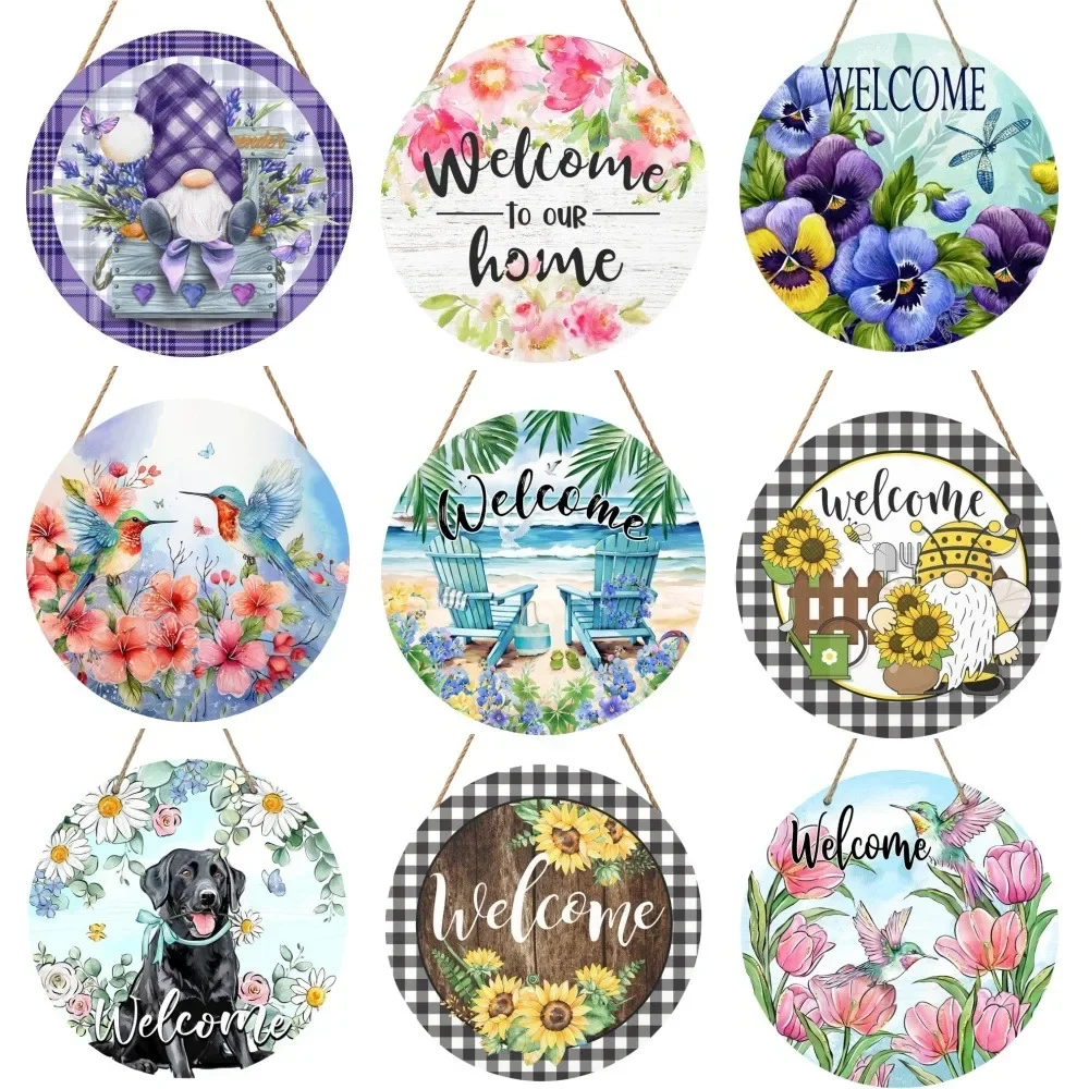 2D Flat Vintage Welcome Gnome Floral Wreath Round Wooden Sign, Wooden Plaque, Rustic Spring Summer Wall Art Decor, Farmhouse Hom