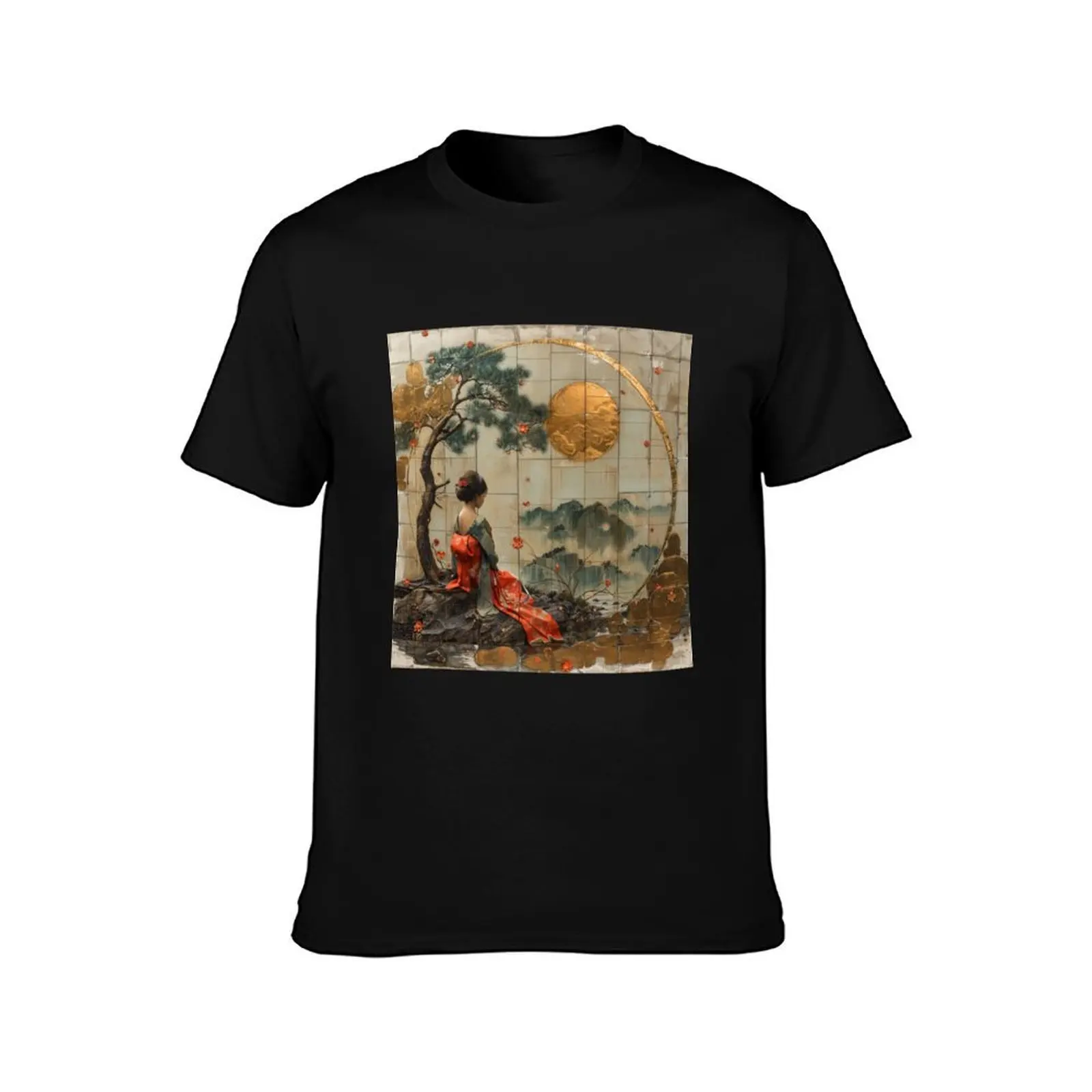 Kintsugi Scenery T-Shirt Summer Casual Cotton Tee Oversized Streetwear Tops Vintage Graphic Print Loose Fit Short Sleeve