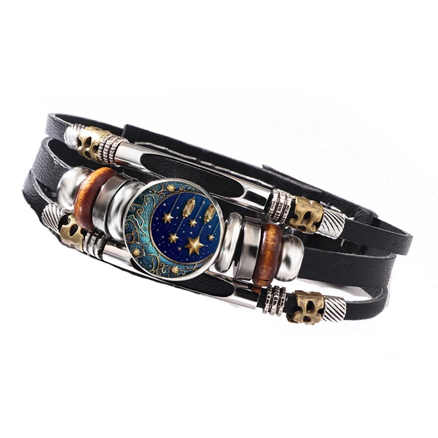 Elegant Deep Blue & Golden Celestial Printed Glass Leather Bracelet Vintage Bangle Premium Color-focused Starry Theme Gift
