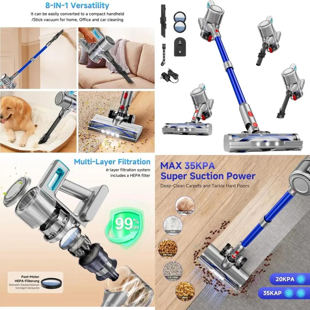 

Мощный беспроводной пылесос 38 кПа, аккумулятор 45 минут, светодиодная щетка, 8-функциональный очиститель для дома и шерсти домашних животных, синий