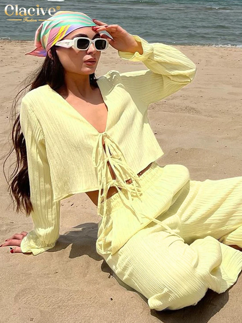 Clacive Fashion Loose Yellow Trousers Sets For Women 2 Pieces 2024 Sexy Long Sleeve Shirt With High Waist Wide Pants Set Female