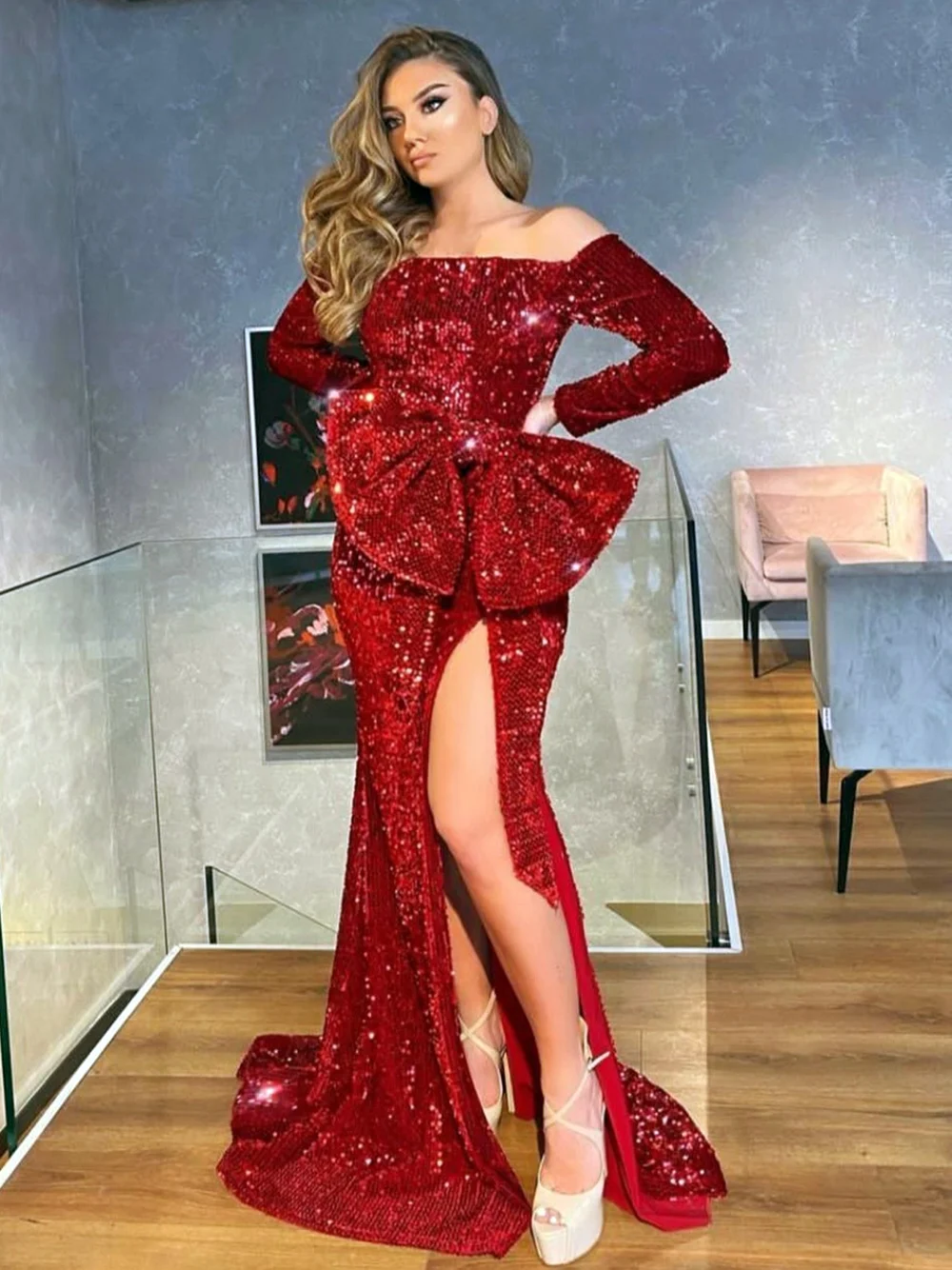 

Sparkly Evening Dresses Sequin Red Elegant Mermaid Robe Abendkleider De Soiree Back Slit Zipper Long Sleeves For Women Prom Gown