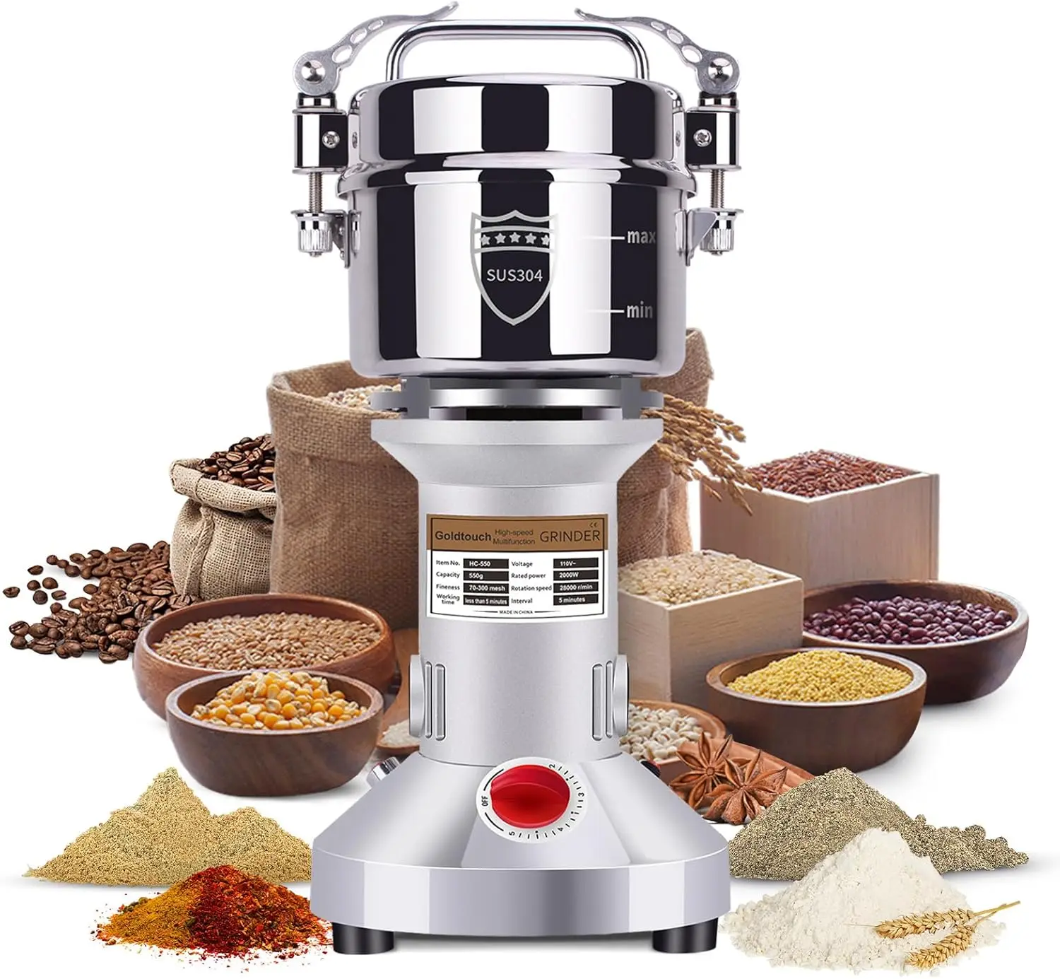 

550g Grain Mill Grinder 2000W Electric Stainless Steel Grain Grinder High-Speed Pulverizer Powder Machine for Dry Wheat, Oats
