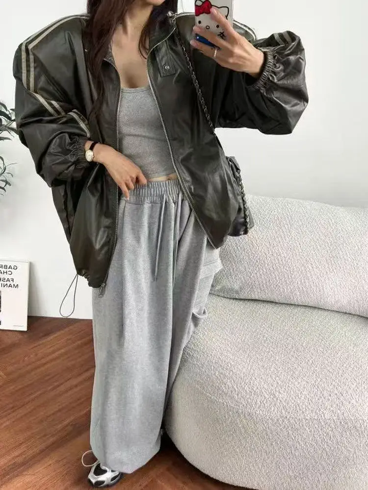 Slimming PU Leather Jaet Women's Loose Biker Sle Stand Collar Double Bar Outerwear Faionable Casual Loose Fit Ladies' Coat