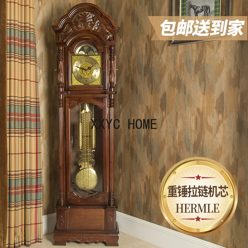 Solid Wood Hand Carved Retro New Chinese Style Time Reporting Mechanical Clock Modern Simple European