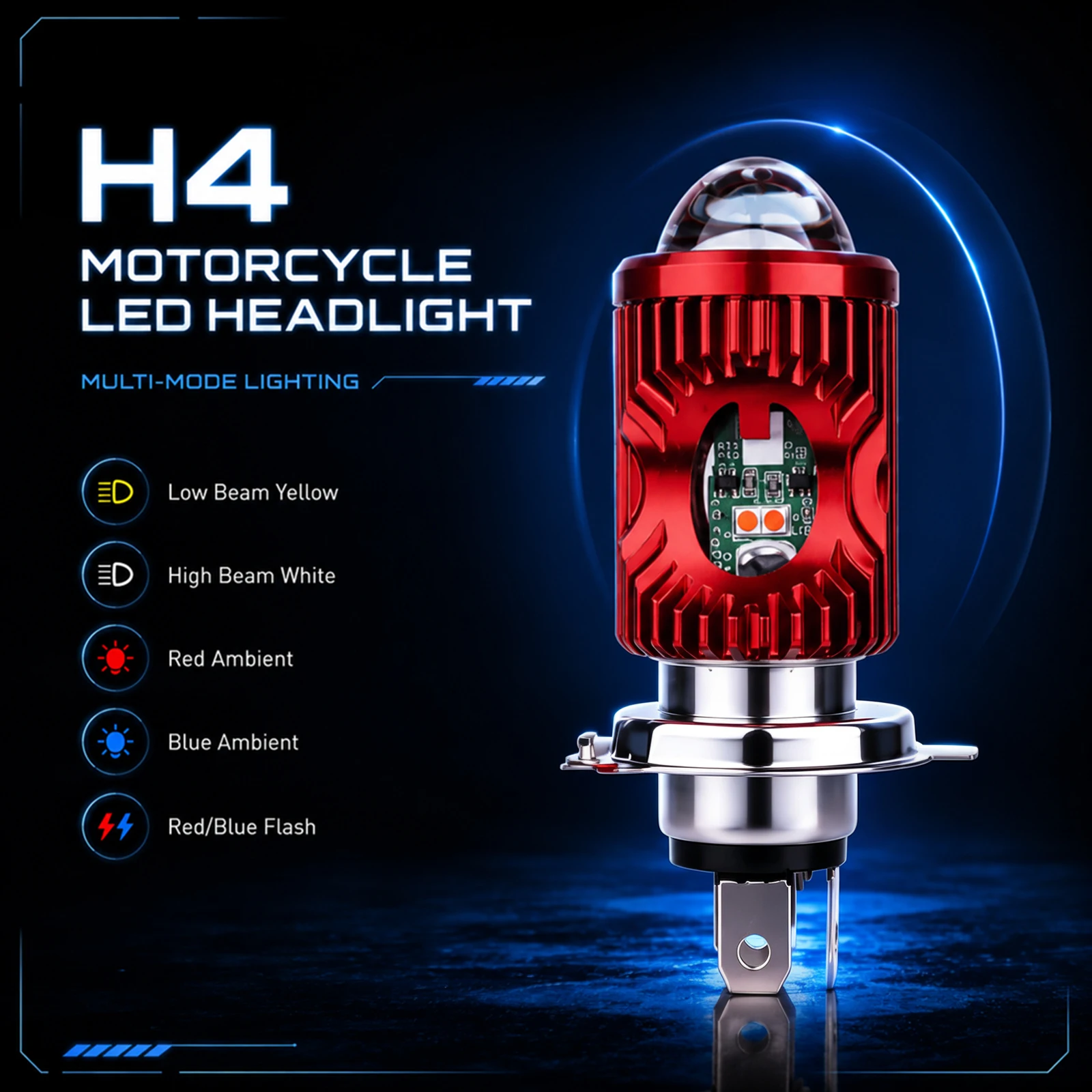 1PCS H4 Motorcycle LED Headlight - 5 Lighting Modes Fog Lights,Mini Driving Spotlight with Hi/Low White&Yellow Strobe, Angel Eye