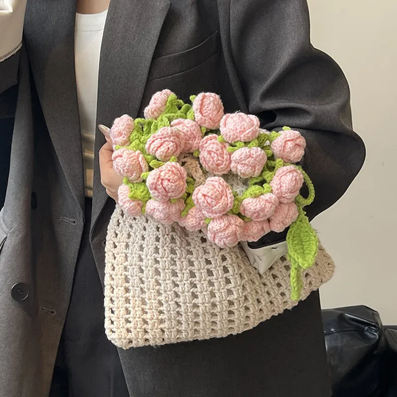 

Brand designer bags for women 2025 luxury handmade knitted shoulder bag female handbags ladies purses clutch Flower bouquet bags