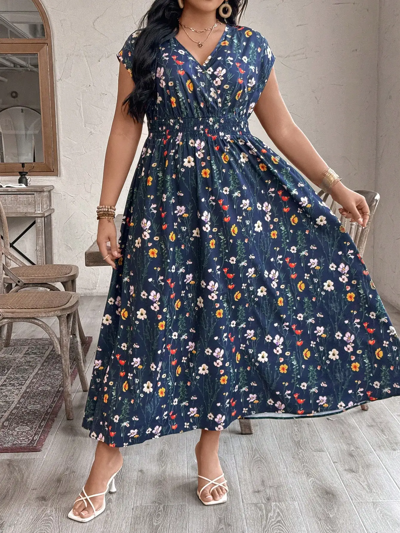 

Women V-Neck Ditsy Floral Long Dress Waist Cinched Relaxed Vacation Garden Party Dress
