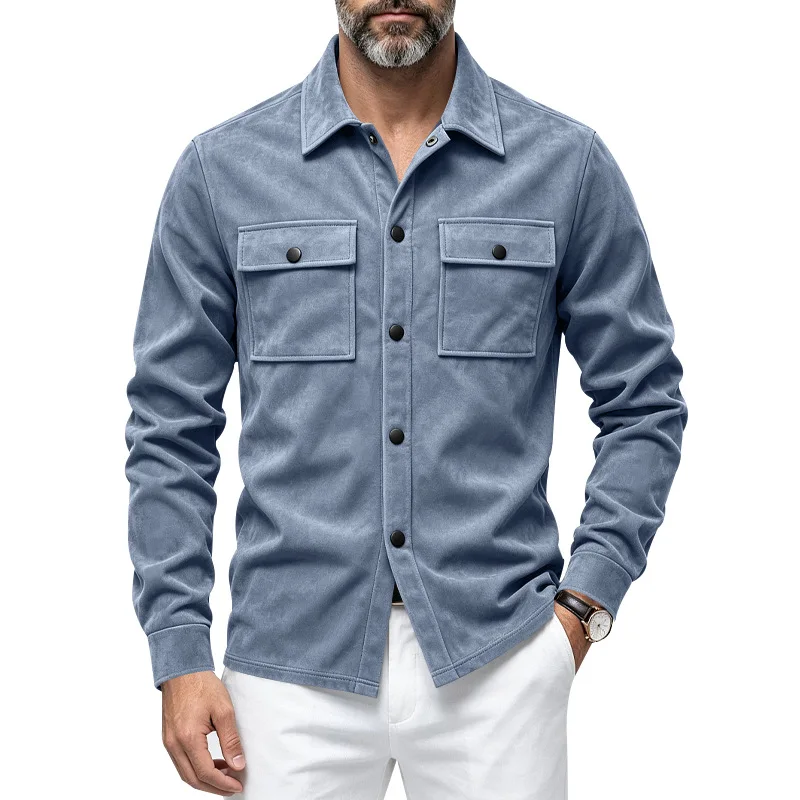 2026 Men's Suede Shirt Jacket, Single-breasted Placket Tooling Double Bag Cover Pocket Long Sleeve Jacket