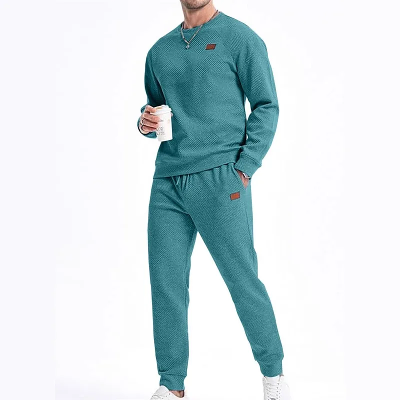 الربيع والخريف البلوز الرجال الرياضة عارضة بلون جولة الرقبة سترة جاكار قطعتين مجموعة