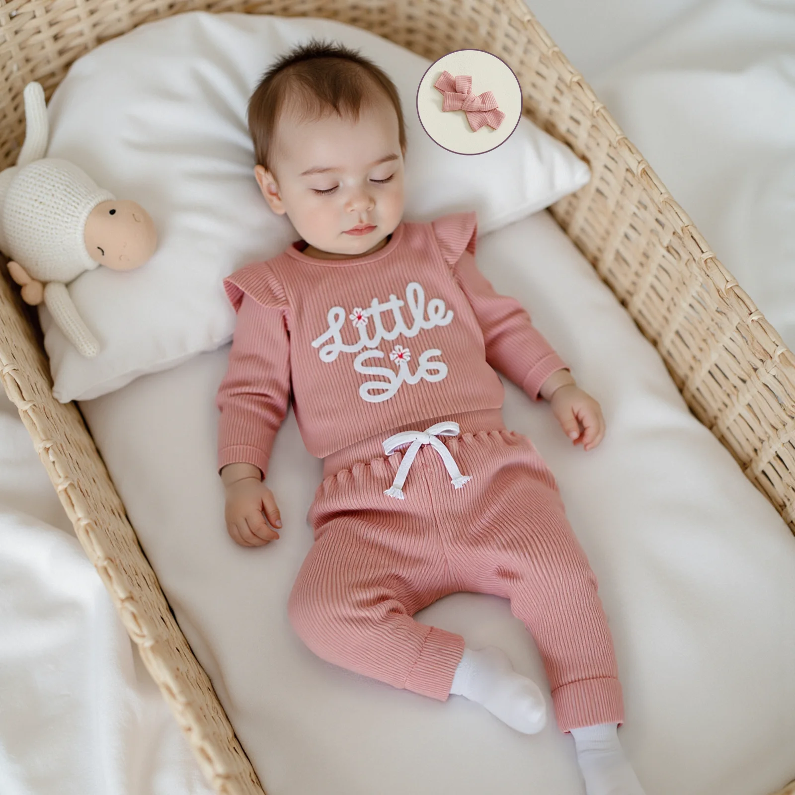 

Одежда для маленьких девочек, комбинезон с длинными рукавами и вышивкой букв, однотонные штаны и комплекты с повязкой на голову, осенние наряды из 3 предметов