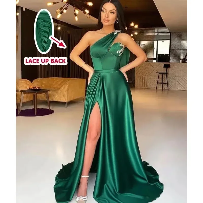 Wakuta Women's One Shoulder Satin Prom Dresses with High Slit Long A-Line Beaded  Formal Evening Gowns vestido de noiva