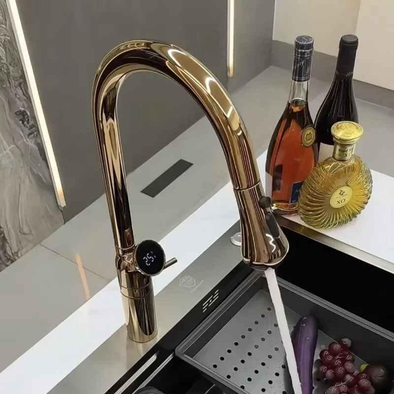 

New Designer Pull Out Rotating Kitchen Faucet with Digital Display Hot Cold Water Mixer