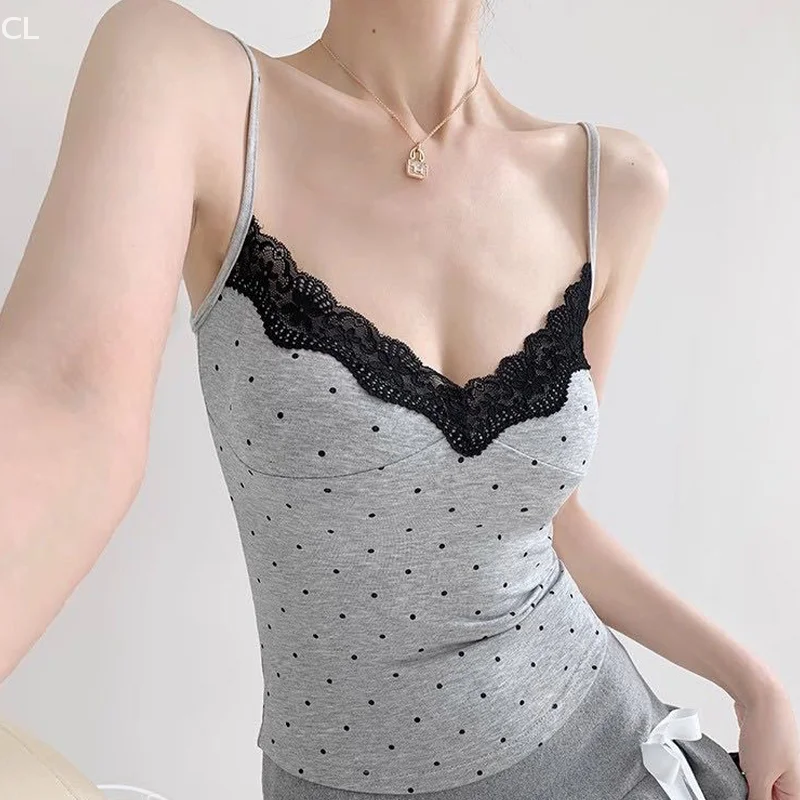 Dames Zomer Pure Lust Stijl Stippen Slanke Korte Sling Tops Zoet Pittig Meisje Kanten Randen Gesplitst V-hals Mouwloos Hemdje