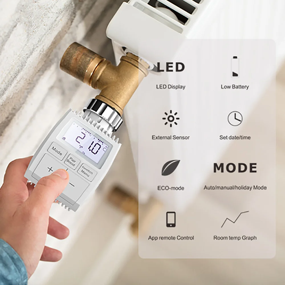 Bluetooth Thermostatic Radiator Valve Button Actuator TRV Programmable Temperature Controller Alexa Tuya Smart Life Google