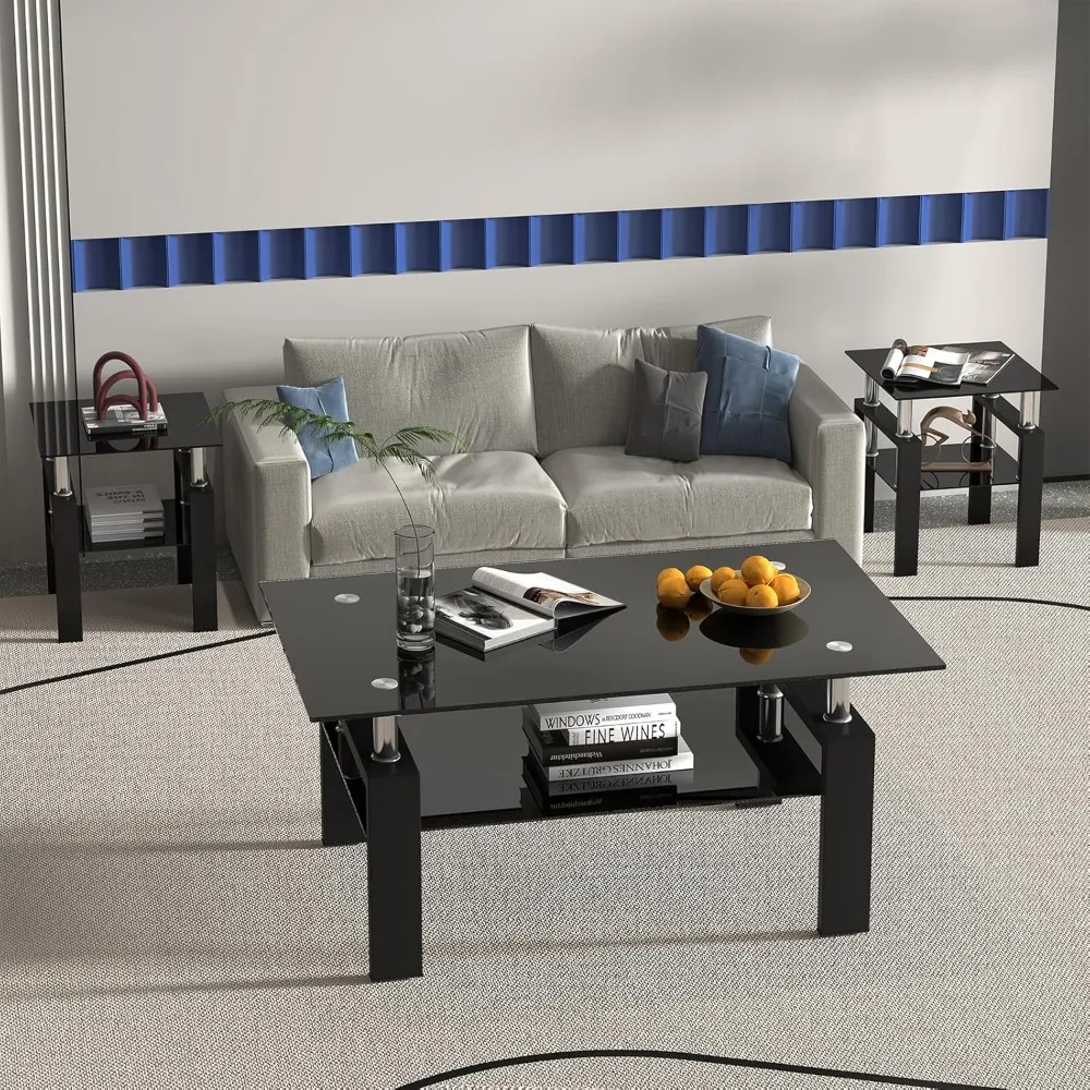 3-Piece Black Glass Living Room Table Set: Coffee Table and 2 Side Tables with Metal Frame