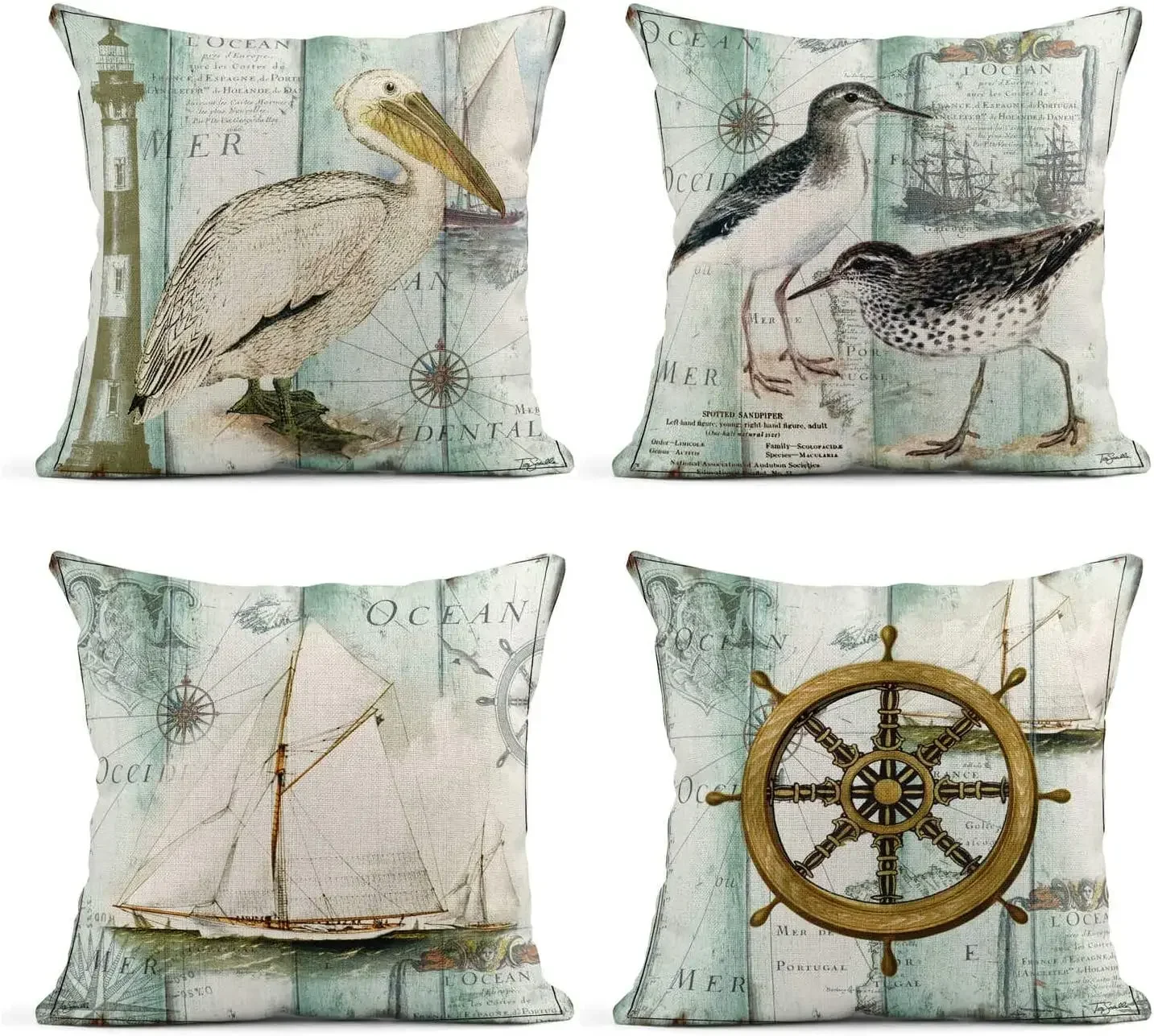 Linen Pillow Cover Nautical Theme Vintage Portuguese Ocean Decorative Pillowcase Home Decor Square Cushion Cover