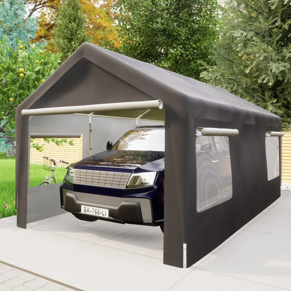

10x20 Ft Heavy-duty Carport with Removable Side Walls and Doors; Portable Garage with Roll-up Ventilation Windows.