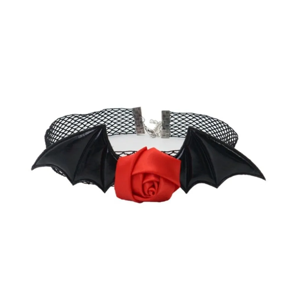 Punk Flower Bat Wings Hairband Mesh Lace Headband Necklace Set Gothic PU Leather Halloween Hair Hoop Kids