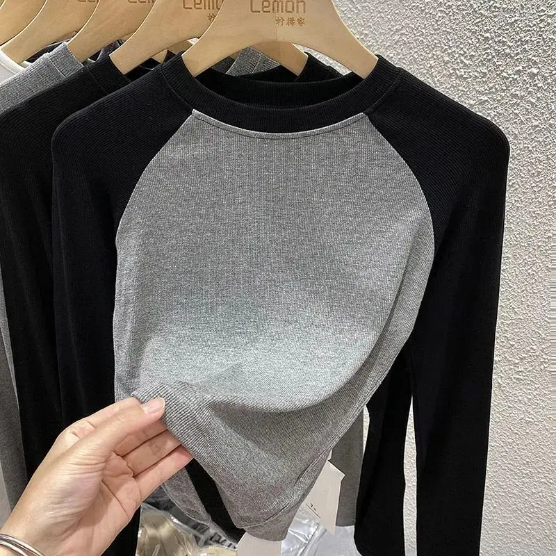 Early Autumn Women's Slim Fit Short Sleeve T-Shirt Color Block Shoulder Insert Design Fashionable Korean Style Commute Wind