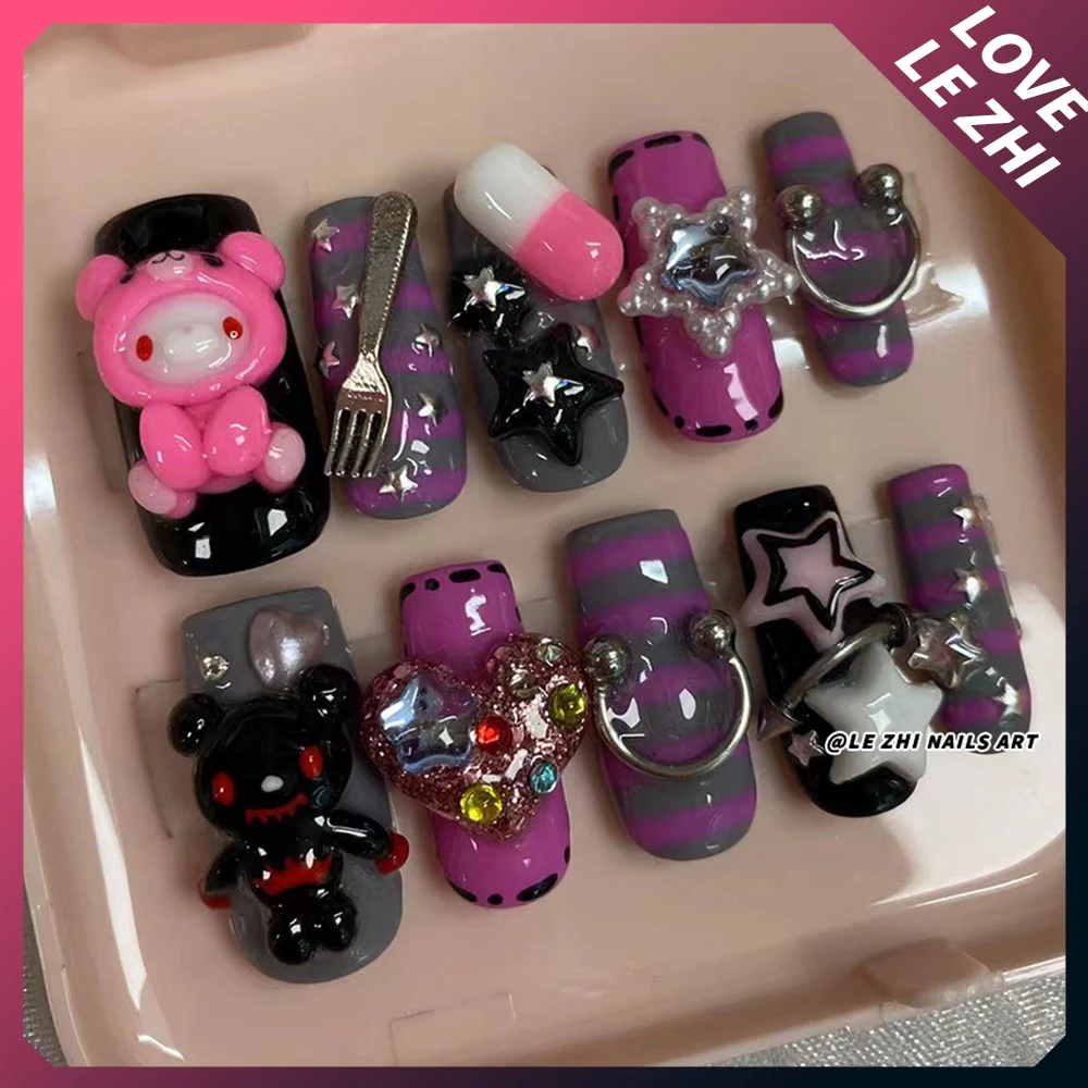Sanrio Handmade 3D Hello Kitty Cinnamoroll Kuromi Handmade Press On Nails Bowknot Wings Pearl Diamond Wearable Full Cover Nails