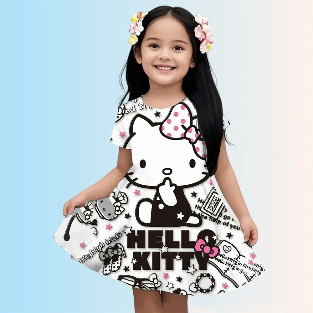 

Летнее модное легкое легкое мультяшное милое платье из полиэстера с 3D принтом Hello Kitty для девочек, платье принцессы с короткими рукавами