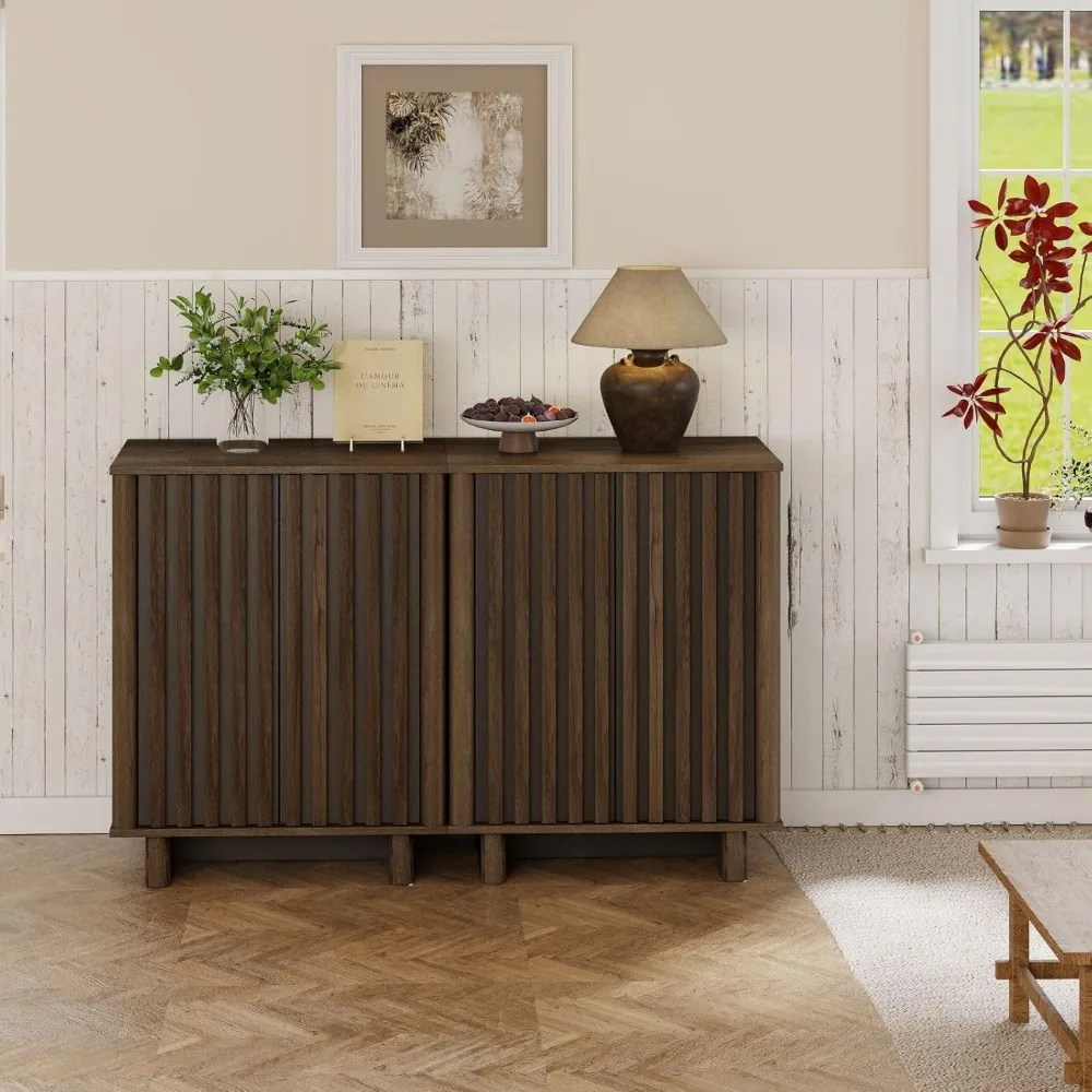 

Buffet Cabinet with Storage, Walnut Freestanding Floor Cabinet Farmhouse Sideboard with 2 Fluted Doors Wooden Hallway