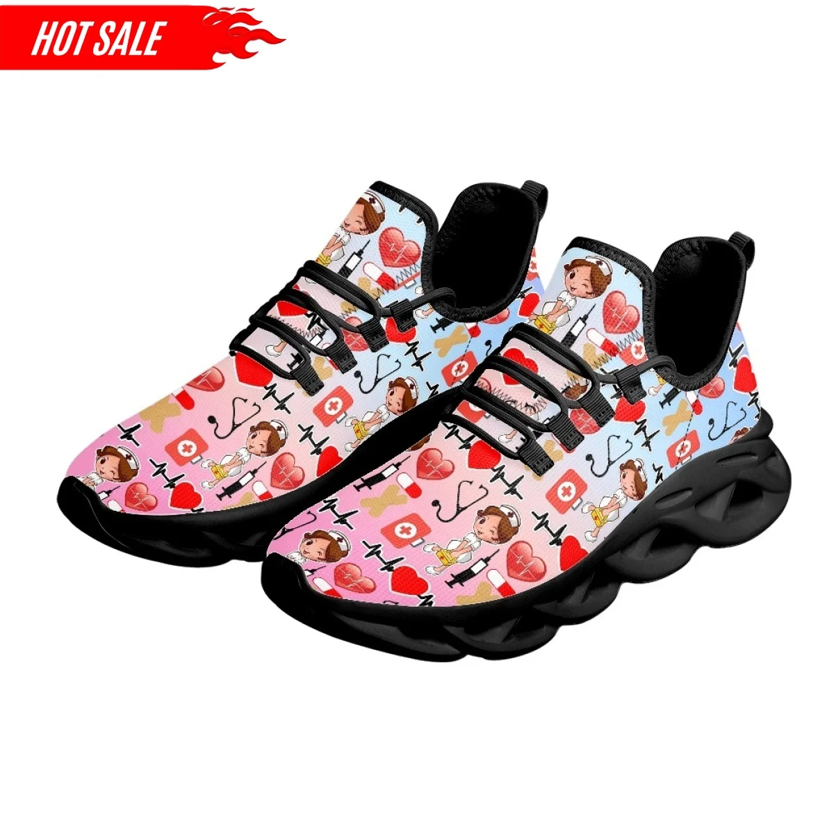 Fashion Women's Nurse Shoes Casual Flat Sneaker Gradient Color Nurse Print Ladies Lace Up Light Walking Shoe Breathable Footwear