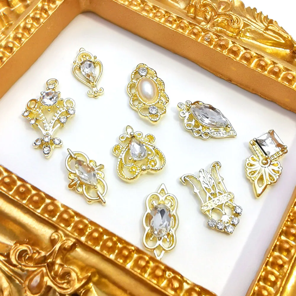 10 Pcs/lot 3D Alloy Nail Art Rhinestone Luxury Retro Baroque Design Nail Jewelry Hollow Lace Decorations Gold/Silver Charms