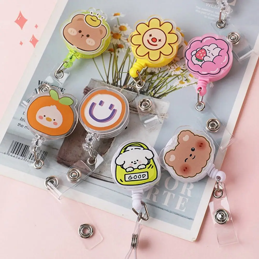 

Easy To Pull Badge Holder Clips Cute Colors Name Card Retractable Badge Reel Acrylic Cartoon ID Card Holder Office Supplies
