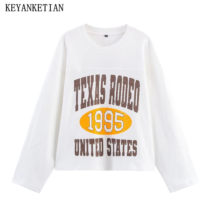 

KEYANKETIAN осенняя новая женская одежда в стиле ретро с буквенным принтом, повседневная толстовка с круглым вырезом и длинными рукавами, женский пуловер, толстовка