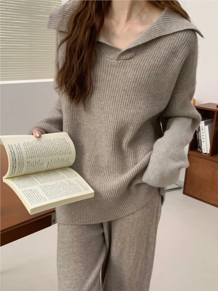 Autumn Winter Women\'s Knitted 2-piece Set Lapel Pullover Sweater Long Pants Korean Fashion Casual Female Clothing Knitwear New