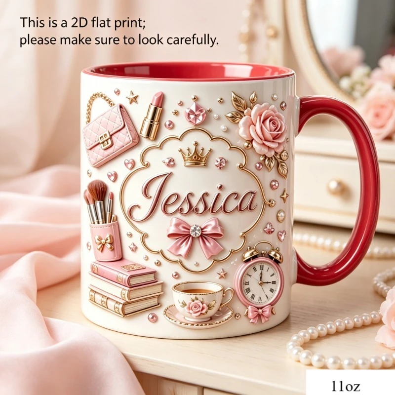 Custom 2D Print Pink Luxury Makeup Mug Personalized Name Ceramic Coffee Cup 11oz Gift for Women