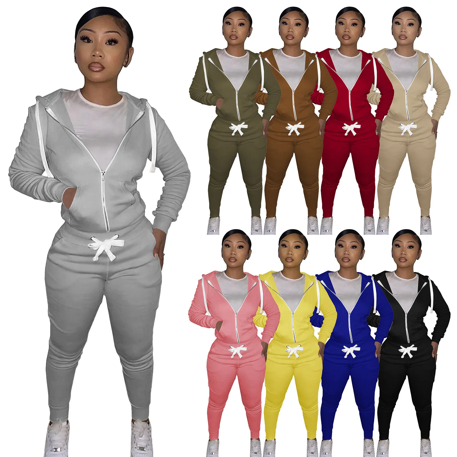 HR8195 Autumn/Winter Women's Cotton Tight Two Piece Hoodie Set