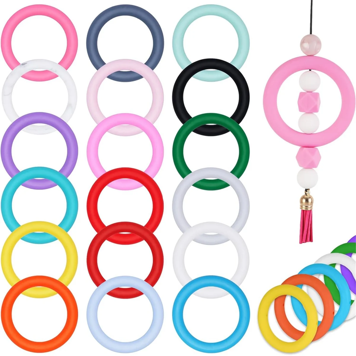 36 PCS Silicone Beaded O-Rings with Rope Hole, 65mm Silicone Beads Bulk Rings for Keychain Making