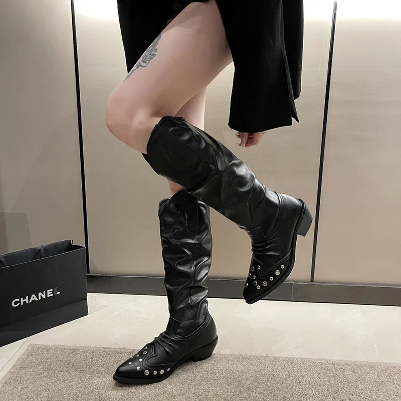 

Fashion Pointed Toe Rivet Western Cowboy Boots Women 42 Large Size Thick Sole Knee High Shoes Female CasualAll Match Knight Boot